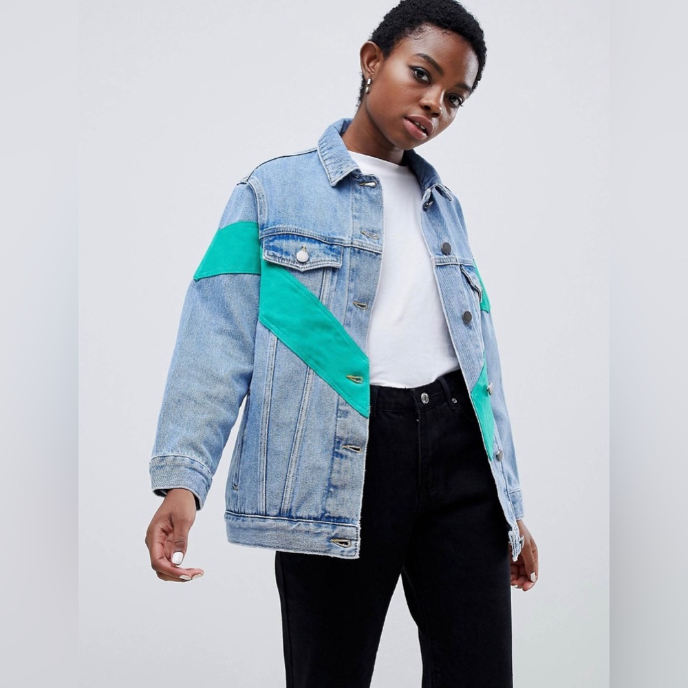 ASOS DESIGN Petite Denim Jacket with Chevron Teal Color block
